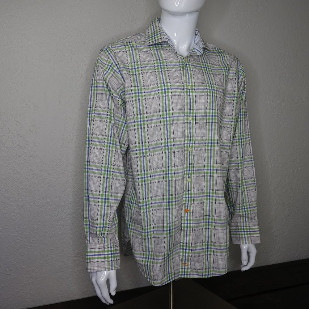Thomas Dean Contrast Cuff Collar Mens Button Up L